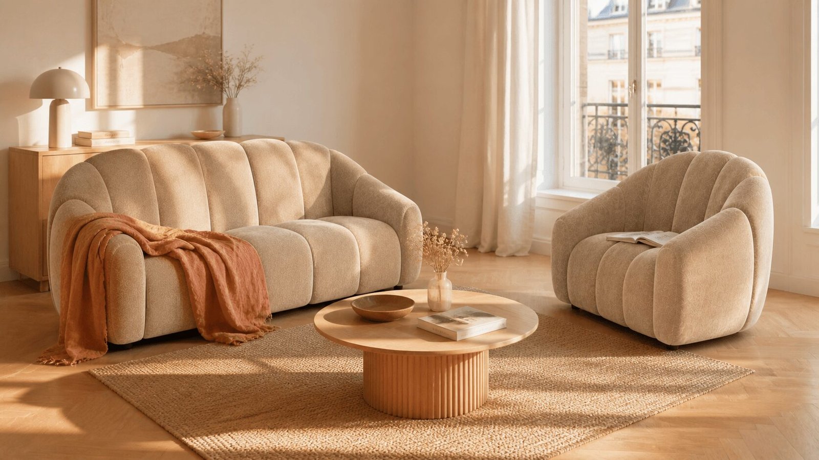 Salon complet Olan Studio avec canapé et fauteuil coordonnés en velours dans un intérieur parisien