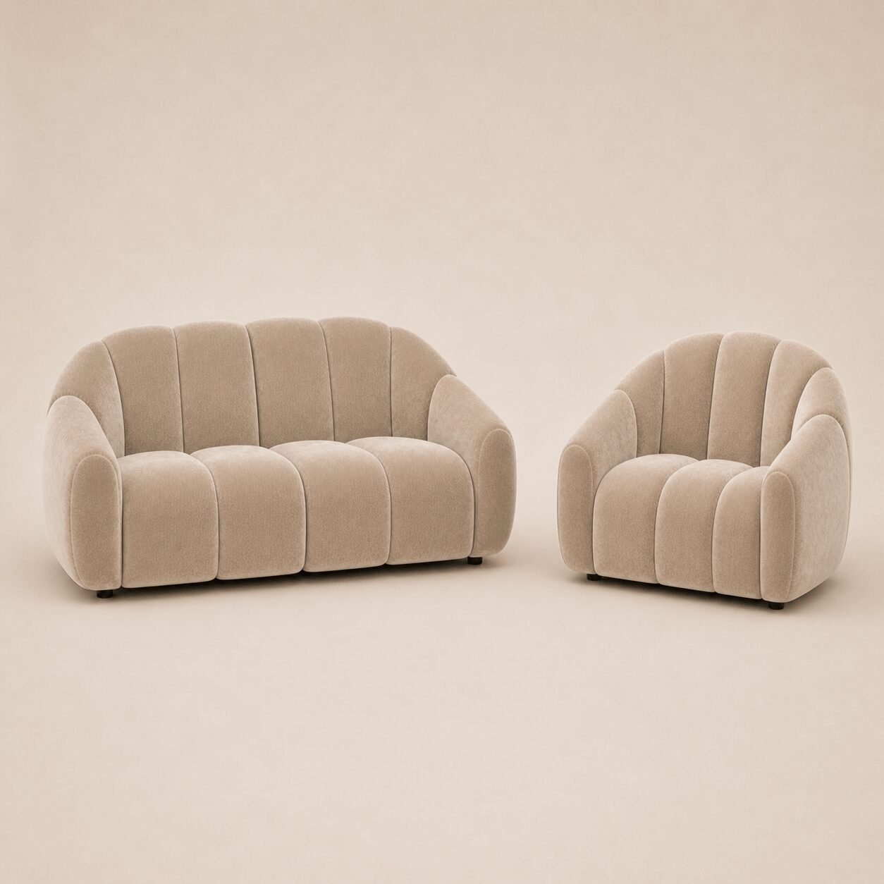 Bundle Salon Olan Studio : canapé 2 places et fauteuil en velours beige assortis