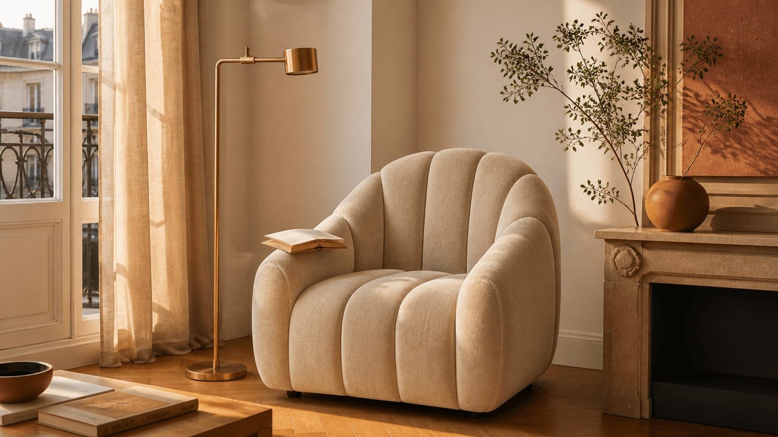 Fauteuil Olan Studio en velours beige dans un salon parisien moderne